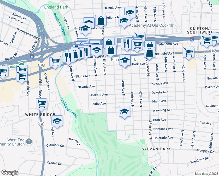 map of restaurants, bars, coffee shops, grocery stores, and more near 5101B Nevada Avenue in Nashville