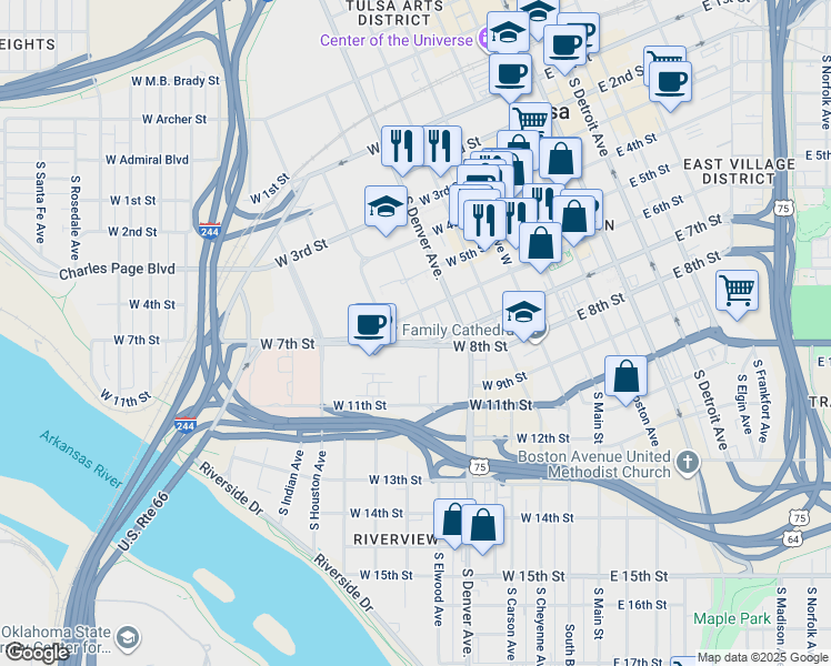 map of restaurants, bars, coffee shops, grocery stores, and more near 315w West 7th Street in Tulsa