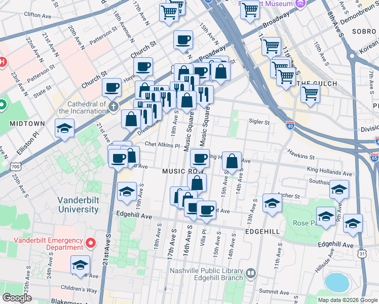 map of restaurants, bars, coffee shops, grocery stores, and more near 50 Music Square West in Nashville