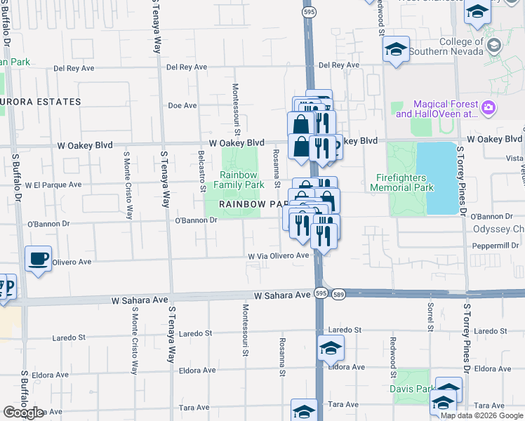 map of restaurants, bars, coffee shops, grocery stores, and more near 7040 O'Bannon Drive in Las Vegas