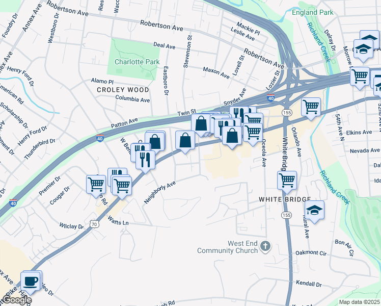 map of restaurants, bars, coffee shops, grocery stores, and more near 6008 Charlotte Pike in Nashville