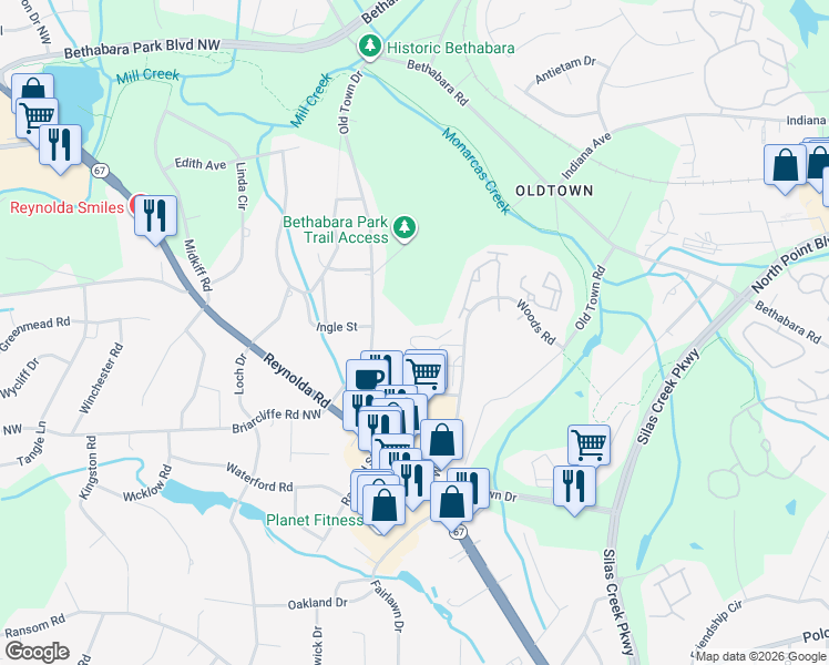 map of restaurants, bars, coffee shops, grocery stores, and more near 109 Echo Glen Drive in Winston-Salem