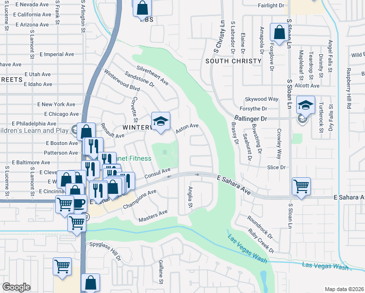 map of restaurants, bars, coffee shops, grocery stores, and more near 2096 Winterwood Boulevard in Las Vegas
