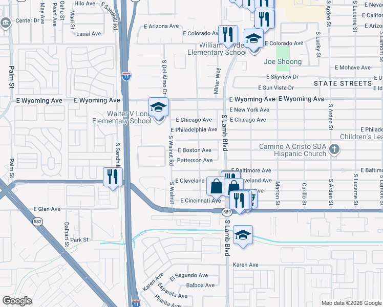 map of restaurants, bars, coffee shops, grocery stores, and more near 4078 East Boston Avenue in Las Vegas
