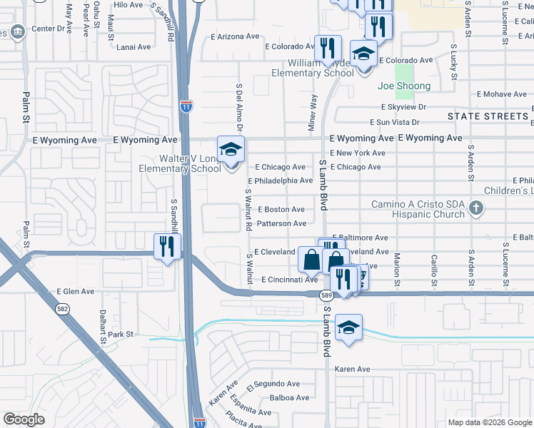 map of restaurants, bars, coffee shops, grocery stores, and more near 4078 East Boston Avenue in Las Vegas