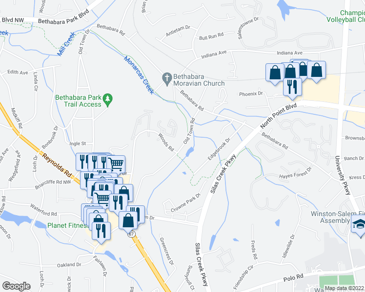 map of restaurants, bars, coffee shops, grocery stores, and more near 1431 Old Town Rd in Winston-Salem