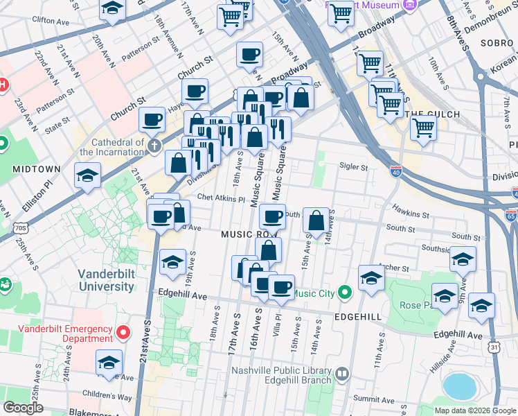 map of restaurants, bars, coffee shops, grocery stores, and more near in Nashville