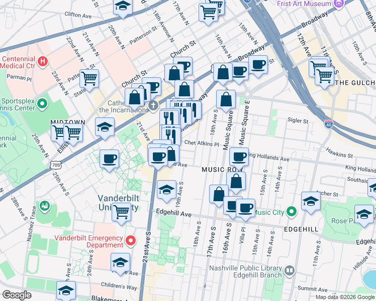 map of restaurants, bars, coffee shops, grocery stores, and more near 901 19th Avenue South in Nashville