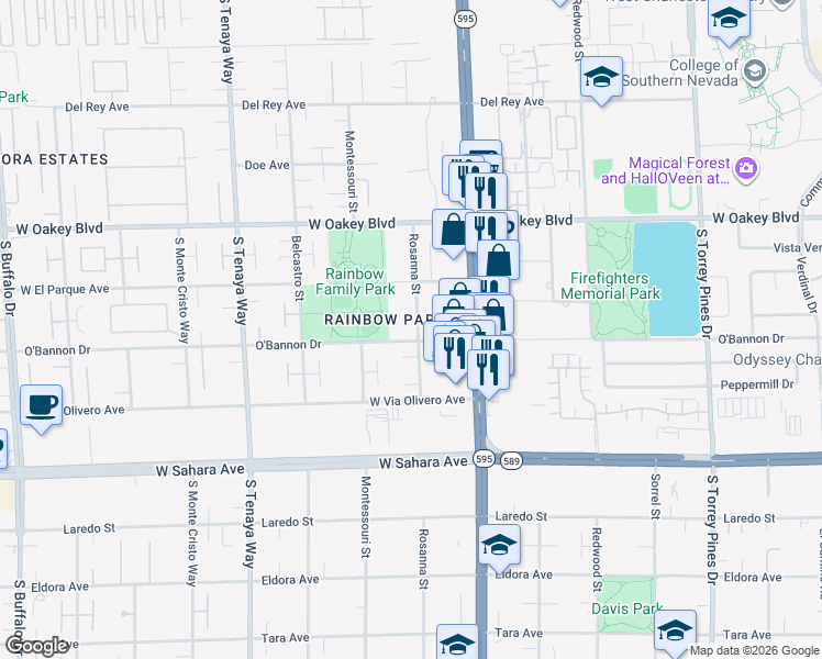 map of restaurants, bars, coffee shops, grocery stores, and more near 2121 Rosanna Street in Las Vegas