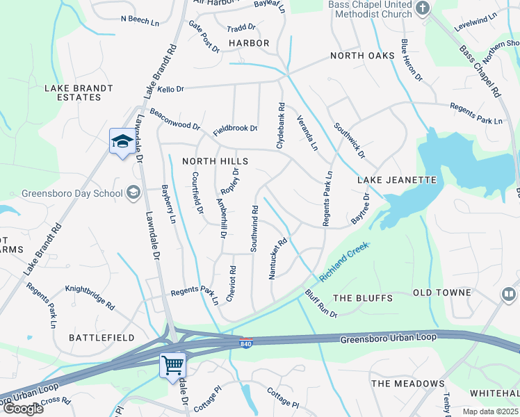 map of restaurants, bars, coffee shops, grocery stores, and more near 5302 Southwind Road in Greensboro