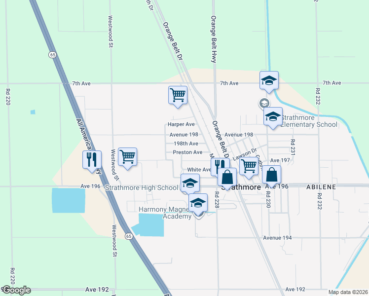 map of restaurants, bars, coffee shops, grocery stores, and more near 22674 Preston Avenue in Strathmore