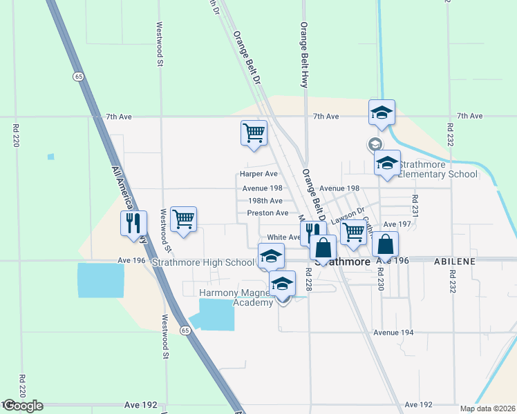 map of restaurants, bars, coffee shops, grocery stores, and more near 22674 Preston Avenue in Strathmore