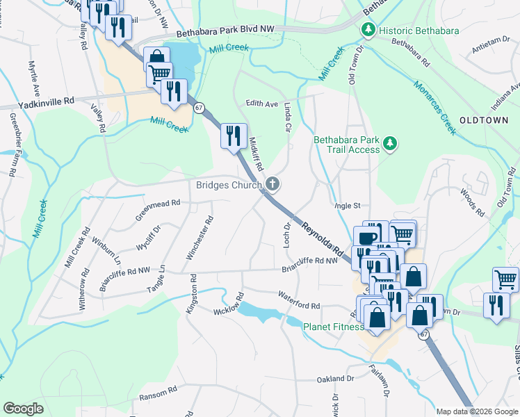 map of restaurants, bars, coffee shops, grocery stores, and more near 3039 Walnut Avenue in Winston-Salem