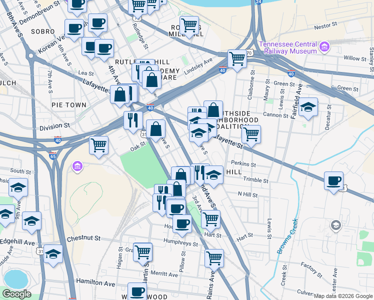 map of restaurants, bars, coffee shops, grocery stores, and more near 1044B 2nd Avenue South in Nashville