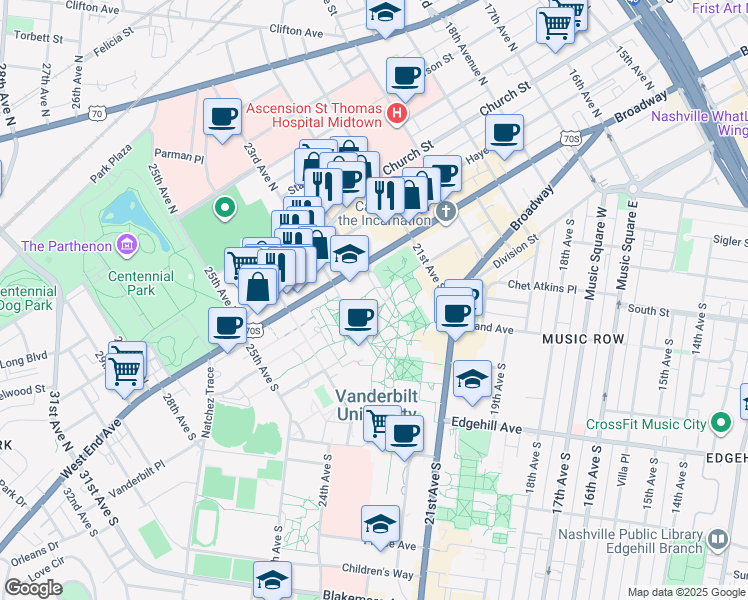 map of restaurants, bars, coffee shops, grocery stores, and more near in Nashville