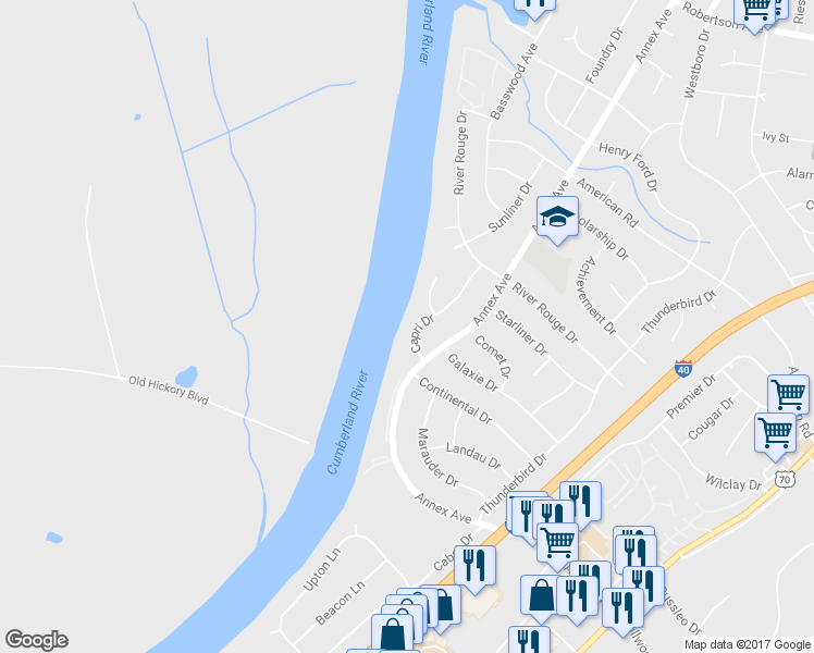 map of restaurants, bars, coffee shops, grocery stores, and more near 437 Capri Drive in Nashville