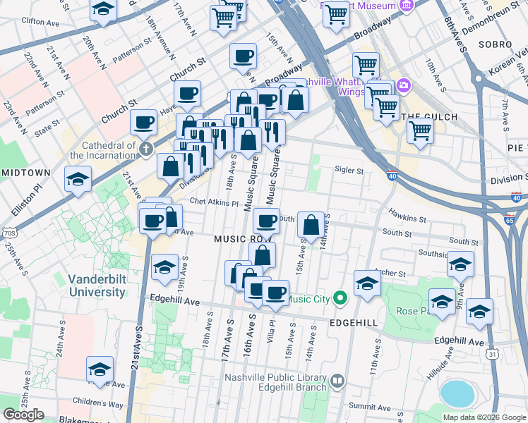 map of restaurants, bars, coffee shops, grocery stores, and more near in Nashville