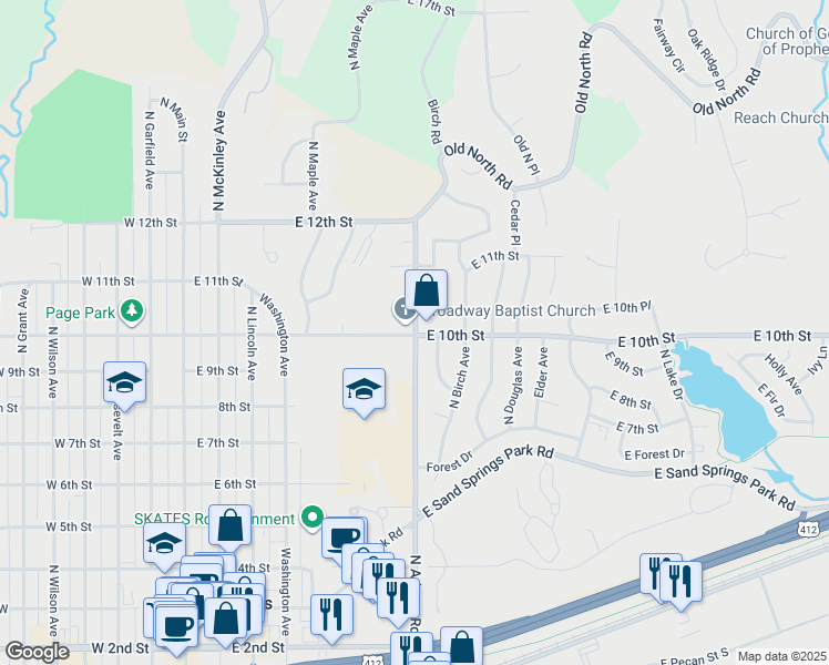 map of restaurants, bars, coffee shops, grocery stores, and more near 1000 North Adams Road in Sand Springs
