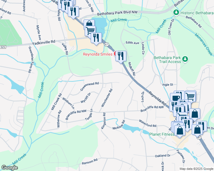 map of restaurants, bars, coffee shops, grocery stores, and more near 4050 Greenmead Road in Winston-Salem