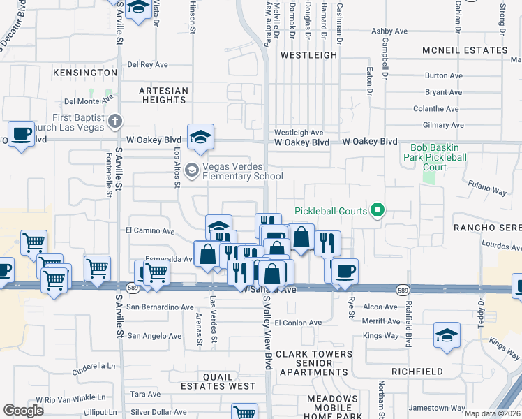 map of restaurants, bars, coffee shops, grocery stores, and more near 2105 El Greco Street in Las Vegas