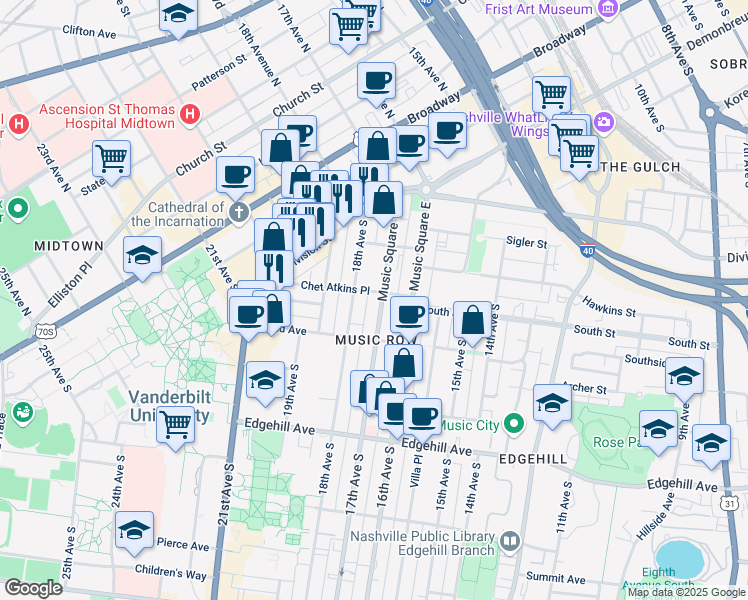 map of restaurants, bars, coffee shops, grocery stores, and more near 820 18th Avenue South in Nashville