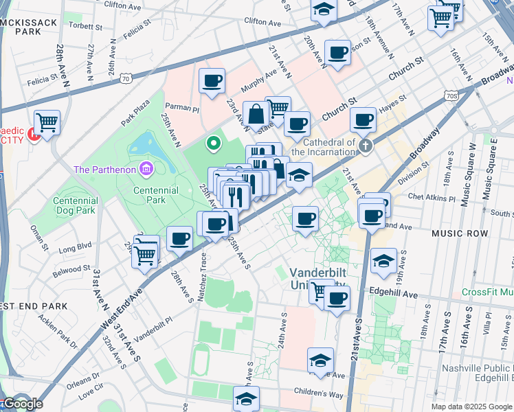 map of restaurants, bars, coffee shops, grocery stores, and more near 2322 West End Avenue in Nashville