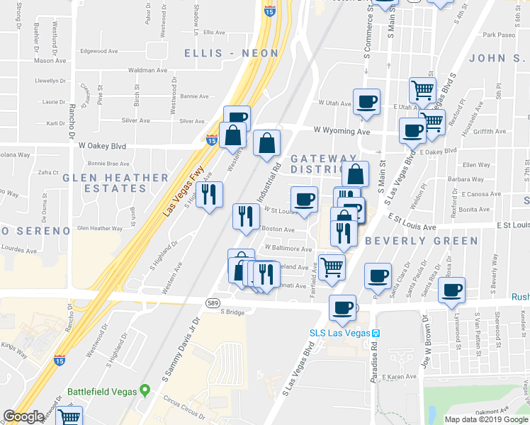map of restaurants, bars, coffee shops, grocery stores, and more near 306-398 W St Louis Ave in Las Vegas