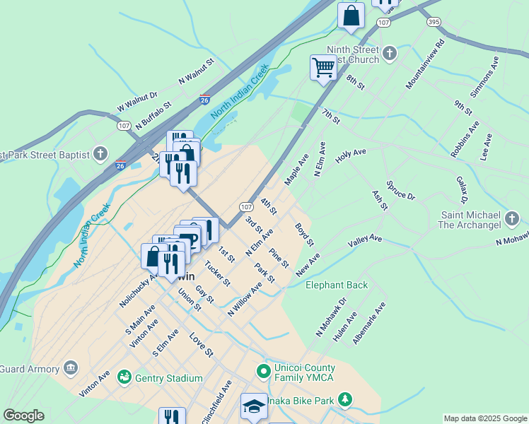 map of restaurants, bars, coffee shops, grocery stores, and more near 230 4th St in Erwin