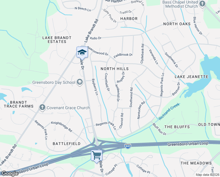 map of restaurants, bars, coffee shops, grocery stores, and more near 5310 Courtfield Drive in Greensboro