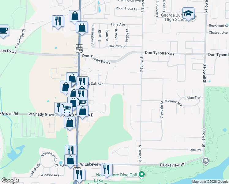 map of restaurants, bars, coffee shops, grocery stores, and more near 305 Black Oak Avenue in Springdale