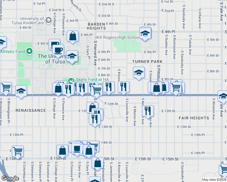 map of restaurants, bars, coffee shops, grocery stores, and more near 844 South Jamestown Avenue in Tulsa