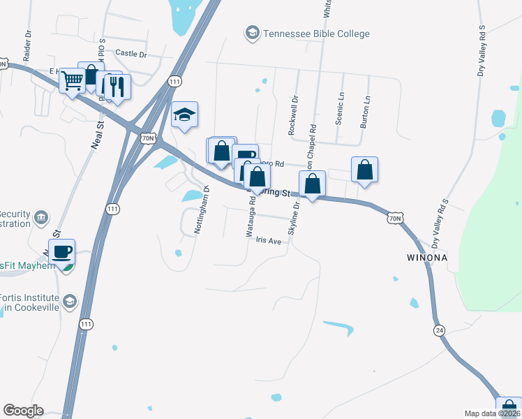 map of restaurants, bars, coffee shops, grocery stores, and more near 1600 Linda Avenue in Cookeville