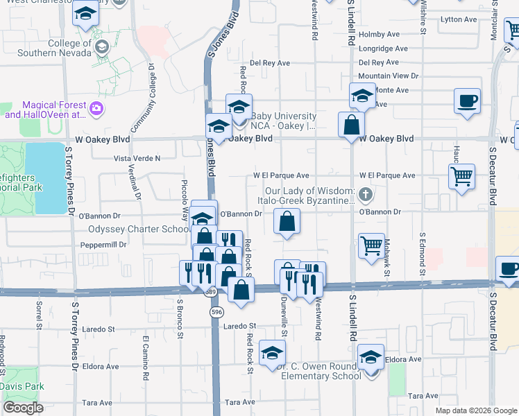 map of restaurants, bars, coffee shops, grocery stores, and more near 2135 Saratoga Street in Las Vegas