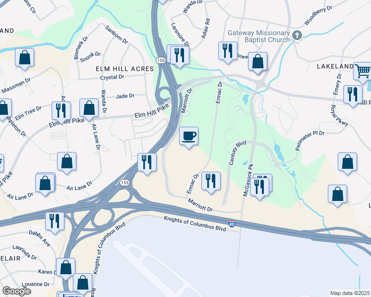 map of restaurants, bars, coffee shops, grocery stores, and more near 555 Marriott Drive in Nashville
