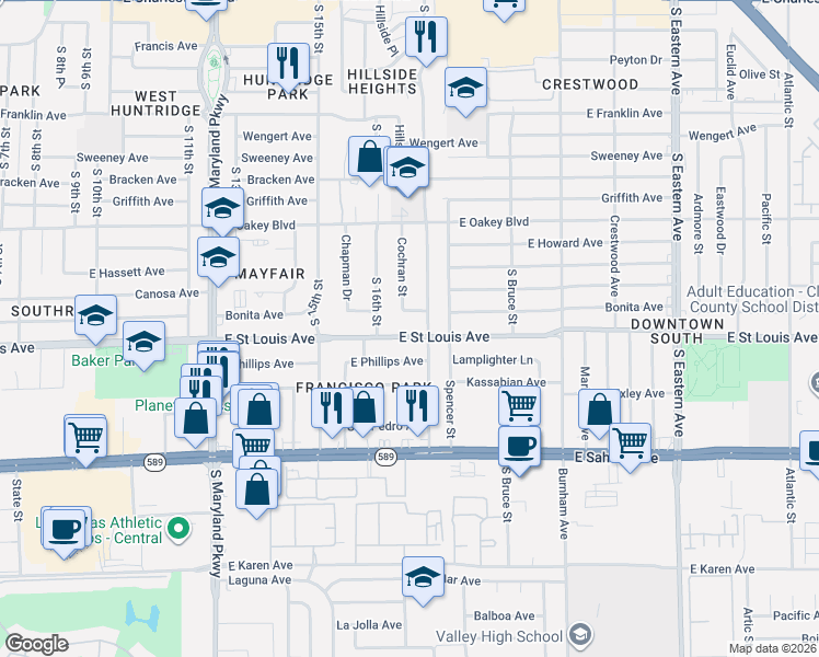 map of restaurants, bars, coffee shops, grocery stores, and more near 1629 East Saint Louis Avenue in Las Vegas