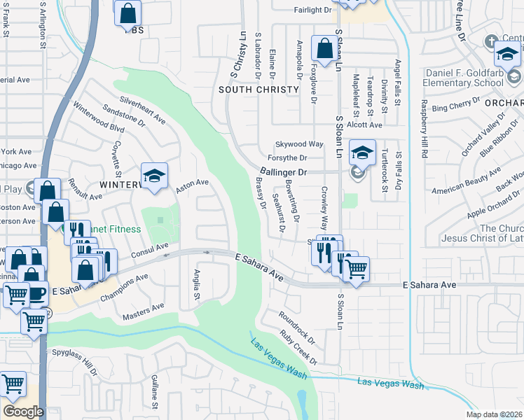 map of restaurants, bars, coffee shops, grocery stores, and more near 2123 Seahurst Drive in Las Vegas