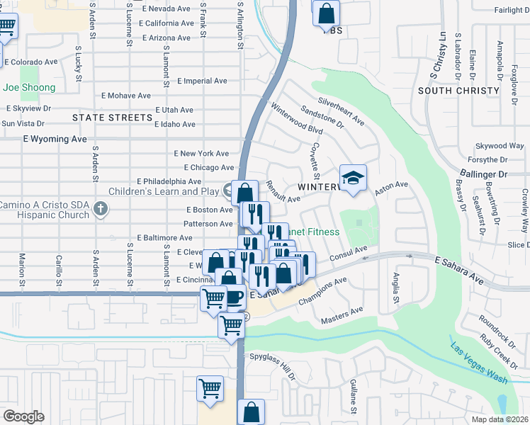 map of restaurants, bars, coffee shops, grocery stores, and more near 5117 Renault Avenue in Las Vegas