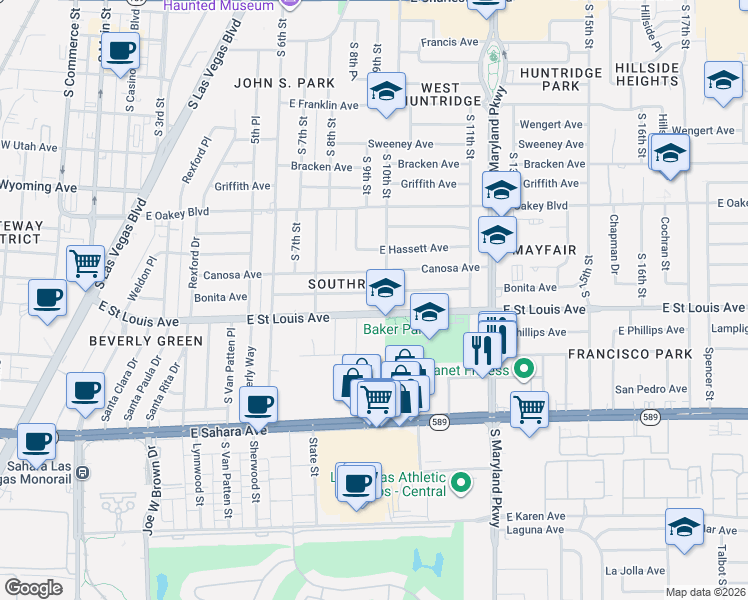 map of restaurants, bars, coffee shops, grocery stores, and more near 2101 South 10th Street in Las Vegas