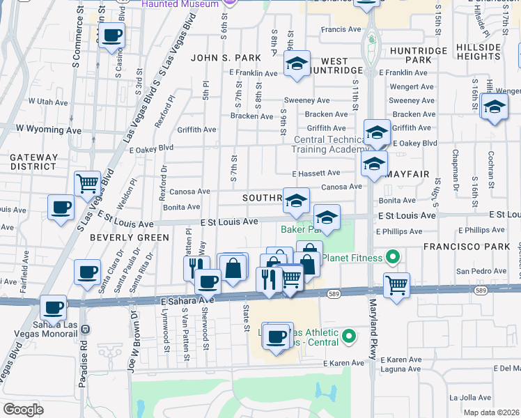 map of restaurants, bars, coffee shops, grocery stores, and more near 800 Bonita Avenue in Las Vegas