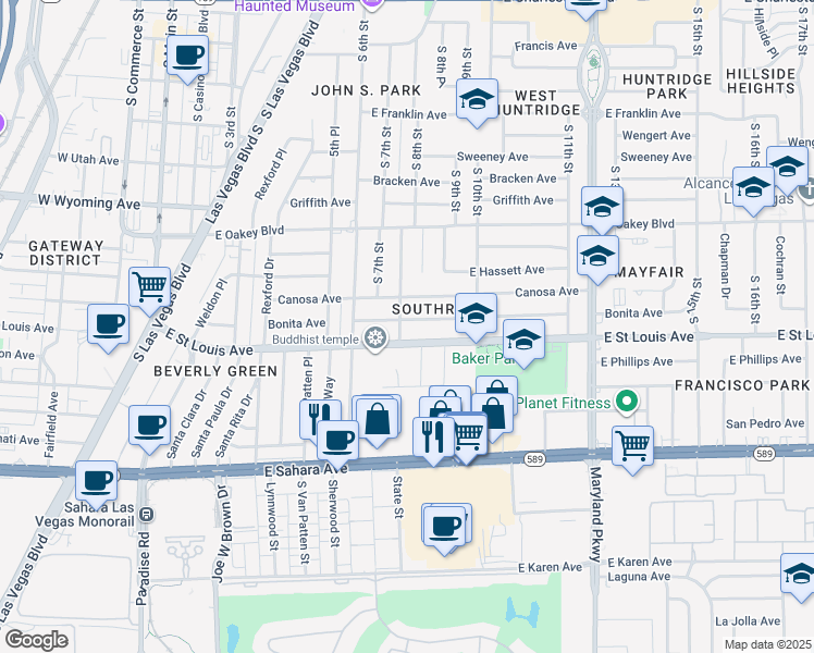 map of restaurants, bars, coffee shops, grocery stores, and more near 800 Bonita Avenue in Las Vegas