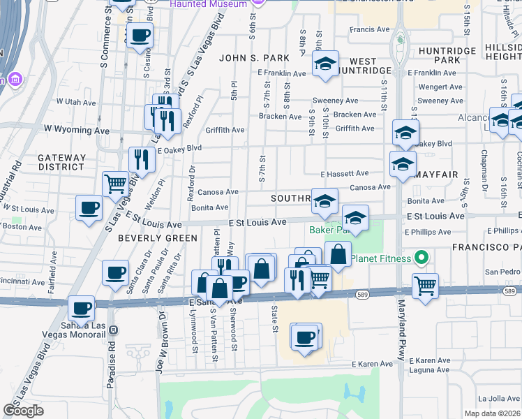 map of restaurants, bars, coffee shops, grocery stores, and more near 1923 South 6th Street in Las Vegas