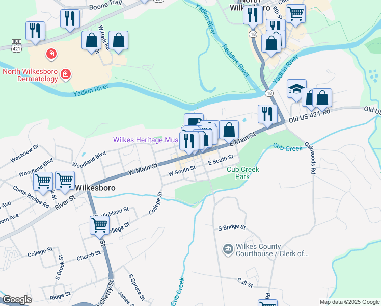 map of restaurants, bars, coffee shops, grocery stores, and more near 108 West Main Street in North Wilkesboro