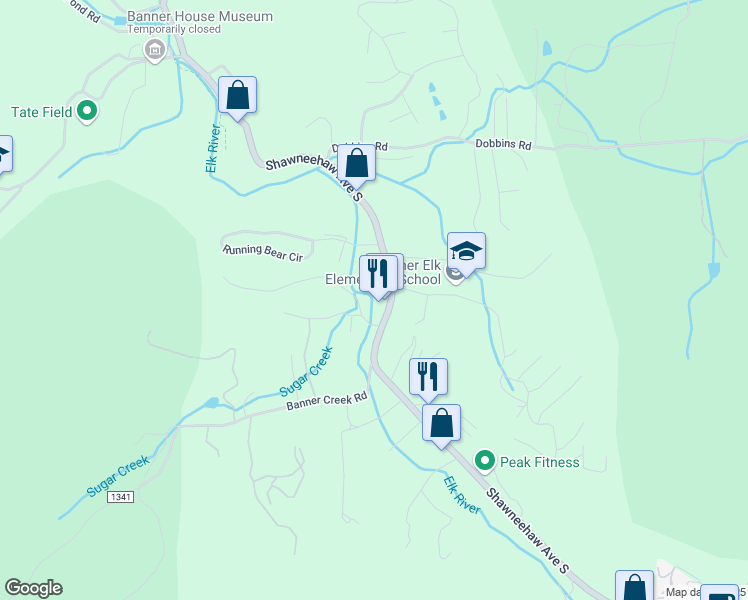 map of restaurants, bars, coffee shops, grocery stores, and more near 24 High Country Square in Banner Elk