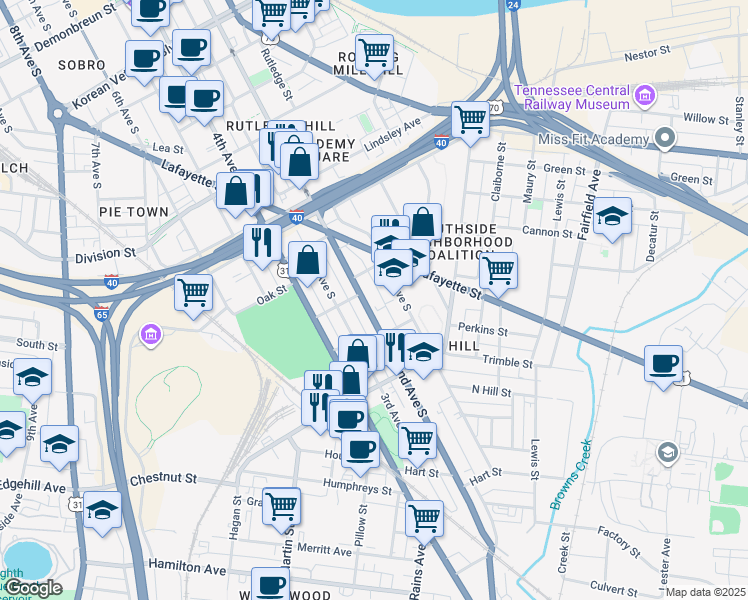 map of restaurants, bars, coffee shops, grocery stores, and more near 1044B 2nd Avenue South in Nashville