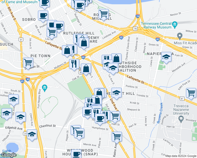 map of restaurants, bars, coffee shops, grocery stores, and more near 1044B 2nd Avenue South in Nashville