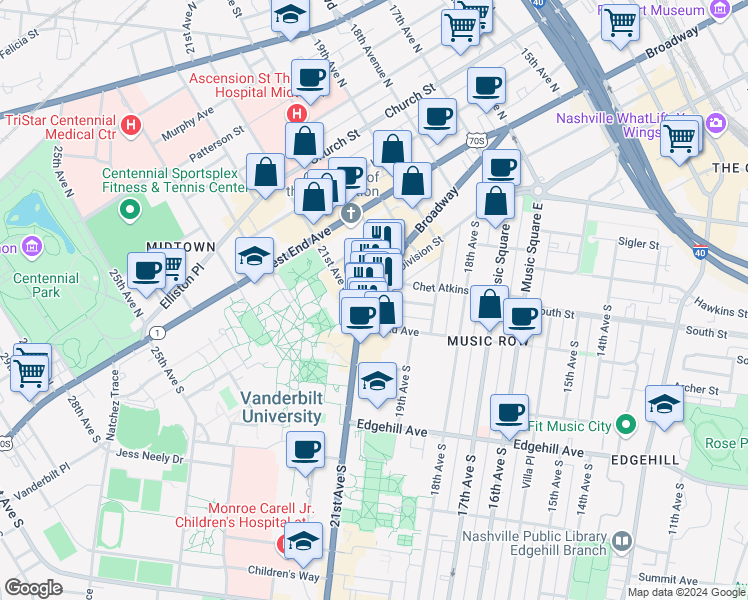 map of restaurants, bars, coffee shops, grocery stores, and more near 2031 Broadway in Nashville