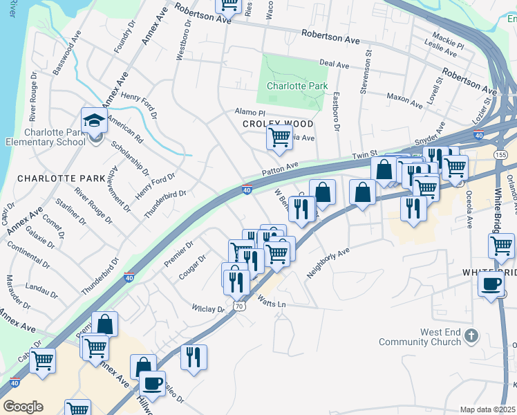 map of restaurants, bars, coffee shops, grocery stores, and more near 438 Westboro Drive in Nashville