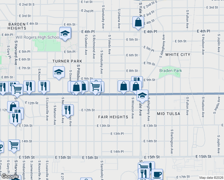 map of restaurants, bars, coffee shops, grocery stores, and more near 931 South Toledo Avenue East in Tulsa