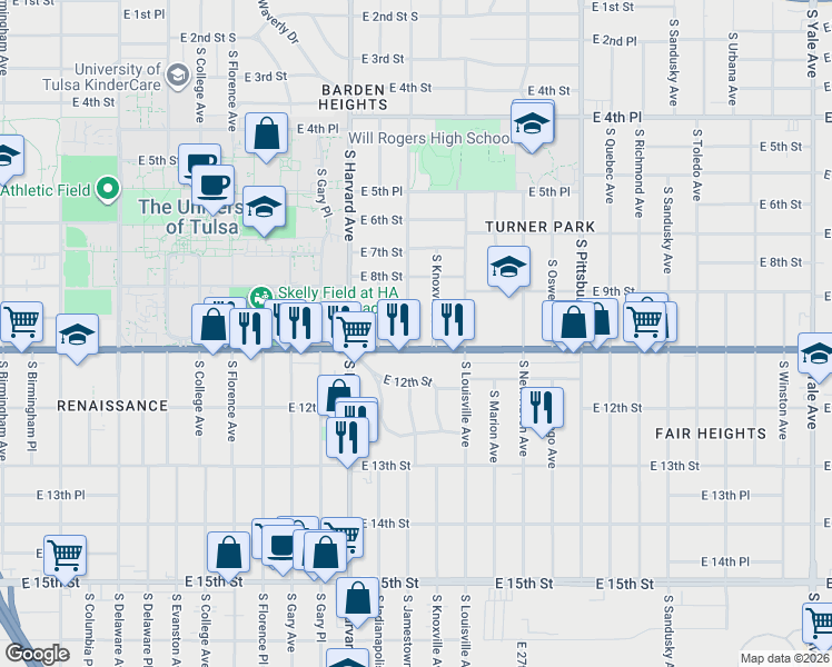 map of restaurants, bars, coffee shops, grocery stores, and more near 844 South Jamestown Avenue in Tulsa