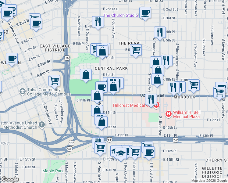 map of restaurants, bars, coffee shops, grocery stores, and more near 1015 South Quincy Avenue in Tulsa